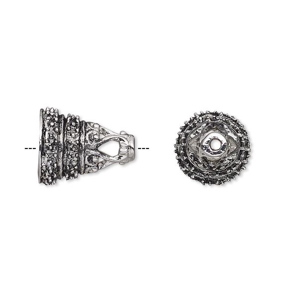 Cone, antique silver-plated bronze, 14.5x11.5mm textured, 8.5mm inside diameter. Sold individually. image number 0