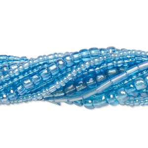 Bead mix, seed bead and bugle bead, glass, pkg/(10)14 inch, 6/0 center-drilled round, mixed mixed colors.