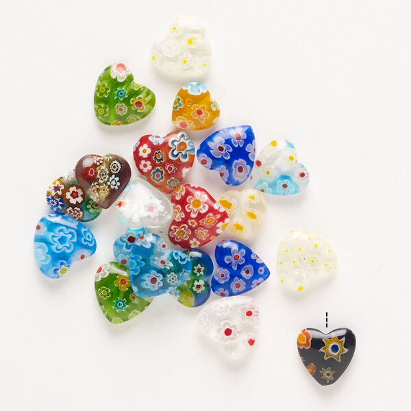 Bead, millefiori glass, pkg/20, opaque to transparent multicolored, 11mm half-drilled and undrilled puffed heart. image number 0