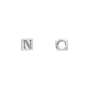Bead, sterling silver, 5.5mm cube with alphabet letter "N." Sold individually.
