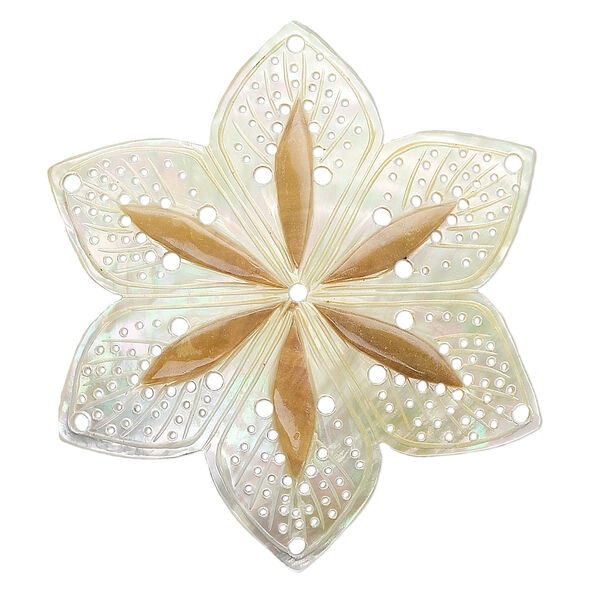 Focal, mother-of-pearl shell (natural), 57x49mm carved flower with cutouts, Mohs hardness 3-1/2. Sold individually. image number 0