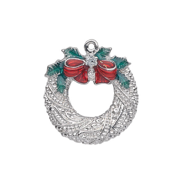 Charm, silver-plated "pewter" (zinc-based alloy) and enamel, red and green, 23x22mm single-sided fancy wreath with bow, holly leaves and glitter. Sold individually. image number 0