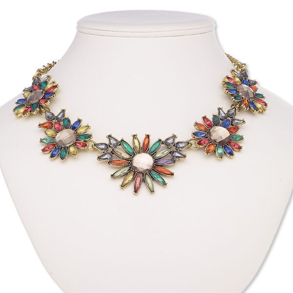 Necklace, acrylic / antique brass-coated plastic / antique brass-plated steel / brass / "pewter" (zinc-based alloy), multicolored, 51x38mm-67x48mm graduated flower, 18 inches with 2-inch extender chain and lobster claw clasp. Sold individually. image number 0