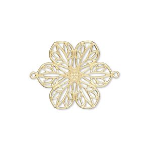 Link, gold-finished brass, 26x20mm filigree flower. Sold per pkg of 10.