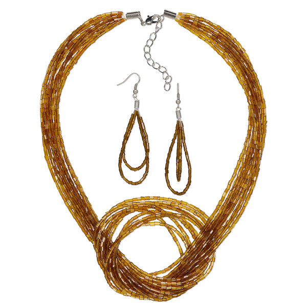 Necklace and earring set, Everyday Jewelry,  imitation rhodium-plated-steel and glass, dark gold, 16-inches with 2-inch extender chain, 3-inch earrings with fishhook ear wires, 19 gauge. Sold per set. image number 0