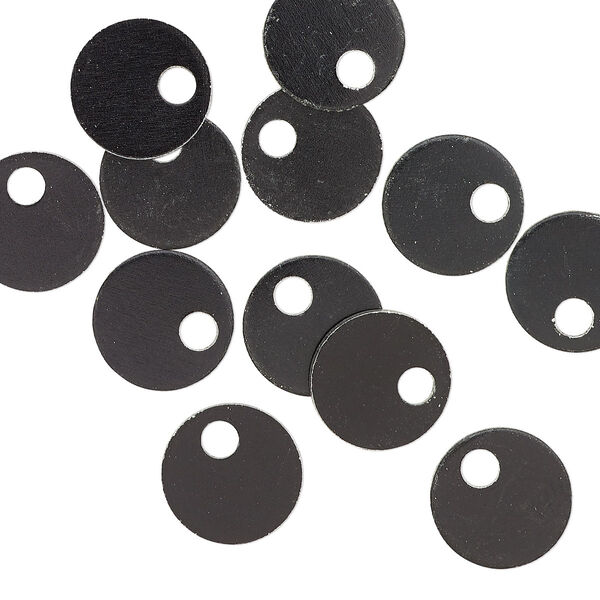 Drop, anodized aluminum, black, 9mm double-sided flat round blank with 2mm hole, 20 gauge. Sold per pkg of 20. image number 0