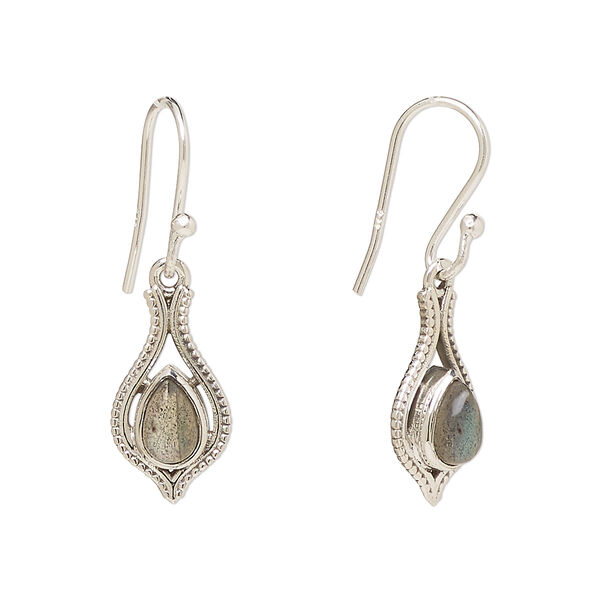 Ear wire, Create Compliments®, antiqued sterling silver and labradorite (natural), fishhook, 29.5mm with 15x9mm single-sided open beaded teardrop, 21 gauge. Sold per pair. image number 0