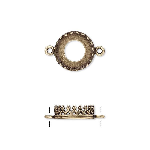 Link, JBB Findings, antiqued brass, 11.5mm round with open back and decorative trim, 10mm round bezel setting. Sold per pkg of 2. image number 0