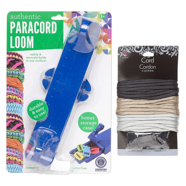 Paracord loom / cord / clasp mix, plastic and nylon, blue / black / mixed neutrals, 9x3 inches with adjustable 6-3/4 to 8-1/2 inch looming length and 1-3/4 inch width with 2 suction cups. Sold per 2-piece set. image number 0