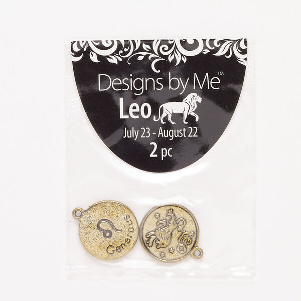 "Pewter" (zinc-based alloy) / enamel 1pkg2, 2-sided round charm / Leo / "Generous" antique gold finish / black 18mm image number 0