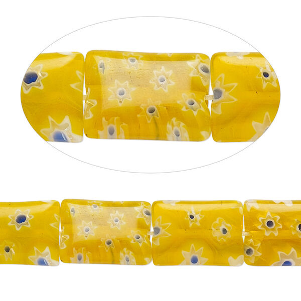 Bead, millefiori glass, transparent yellow / blue / white, 13x10mm-14x10mm flat rectangle with 0.6-0.8mm hole. Sold per 15-inch strand. image number 0