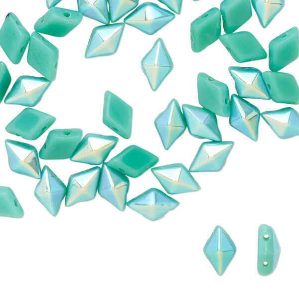 Bead, DiamonDuo™, Czech pressed glass, opaque green turquoise AB, 8x5mm faceted diamond with flat back and (2) 0.7-0.8mm holes. Sold per 10-gram pkg, approximately 70 beads. image number 0