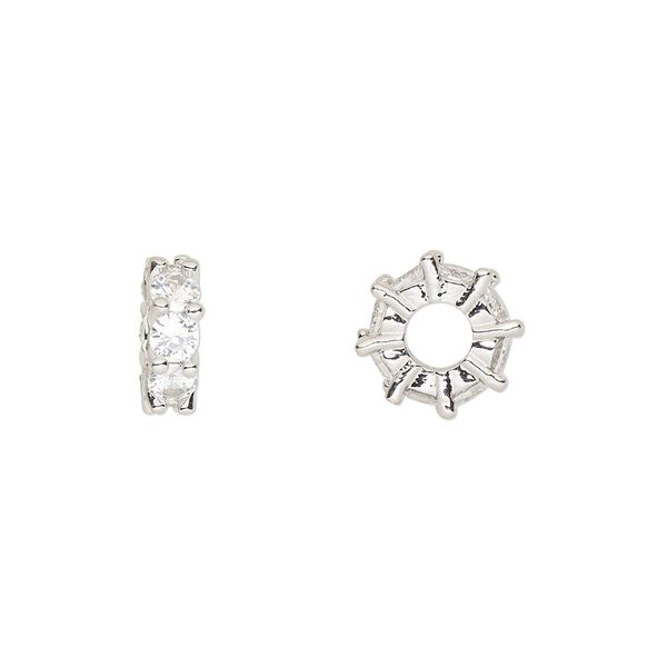 Bead, cubic zirconia and silver-plated brass, clear, 10.5x3.5mm rondelle. Sold per pkg of 2. image number 0
