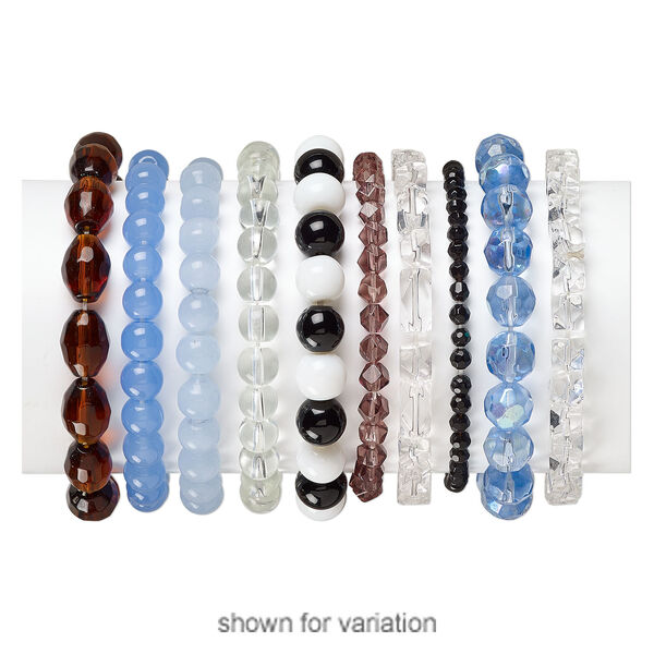 Bracelet mix, stretch, glass and cat's eye glass, mixed colors, 4mm-14x10mm mixed shape, 5 inches. Sold per pkg of 10. image number 1