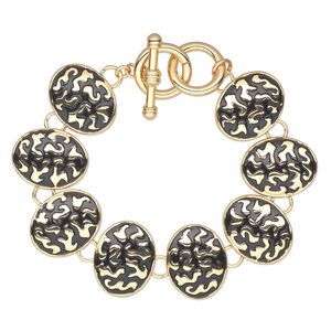 Bracelet, enamel and gold-plated brass, black, 23x18mm oval with swirl design, black, 7-1/2 inches with toggle clasp. Sold individually.