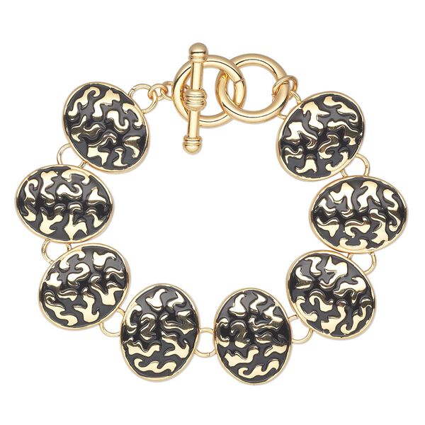 Bracelet, enamel and gold-plated brass, black, 23x18mm oval with swirl design, black, 7-1/2 inches with toggle clasp. Sold individually. image number 0