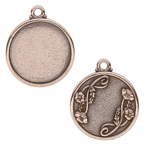 Drop, TierraCast®, antique copper-plated pewter (tin-based alloy), 29mm round with poppy design, 25.5mm cabochon setting. Sold individually