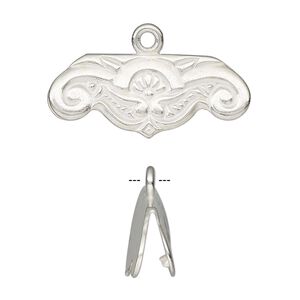 Ribbon crimp end, JBB Findings, silver-plated brass, 30x12mm single-sided with fancy design. Sold individually.