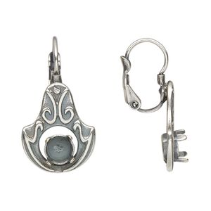 Ear wire, JBB Findings, antique silver-plated pewter (tin-based alloy), 28mm leverback with modified fancy teardrop and SS29 chaton or rivoli 4-prong setting. Sold per pair.
