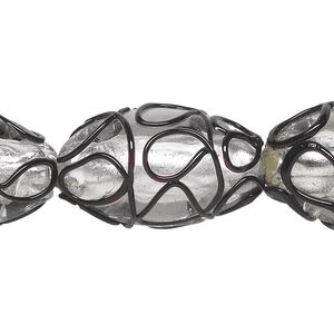 Bead, lampworked glass, black and clear with silver-colored foil, 25x16mm oval loop line design. Sold per 15-1/2" to 16" strand.