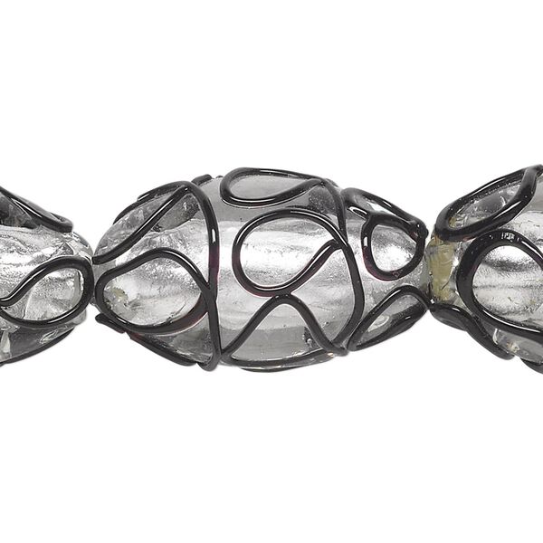 Bead, lampworked glass, black and clear with silver-colored foil, 25x16mm oval loop line design. Sold per 15-1/2" to 16" strand. image number 0