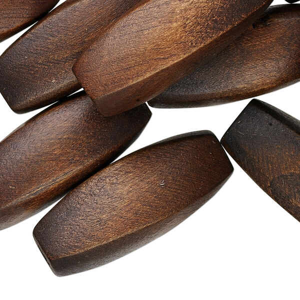 Bead, wood (dyed), dark brown, 30x12mm hand-cut twisted oval. Sold per pkg of 25. image number 0