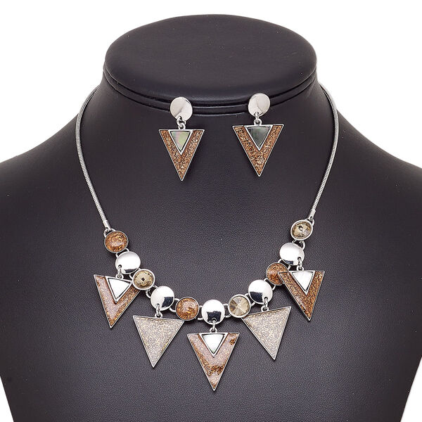 Necklace and earring set, black lip shell (natural) / enamel / glass / stainless steel / imitation rhodium-plated brass / steel / "pewter" (zinc-based alloy), copper / gold / topaz yellow, triangle, 15" to 16" necklace with 2-inch extender chain and lobster claw clasp, 35mm earrings with post. Sold per set. image number 0