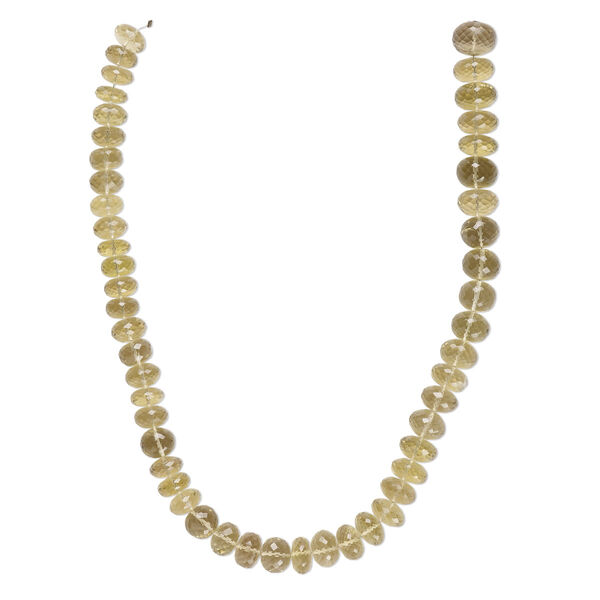 Bead, lemon quartz (heated), light to medium, 9x5mm-14x11mm graduated hand-cut micro-faceted rondelle, B+ grade, Mohs hardness 7. Sold per 15-inch strand, approximately 45 beads. image number 0