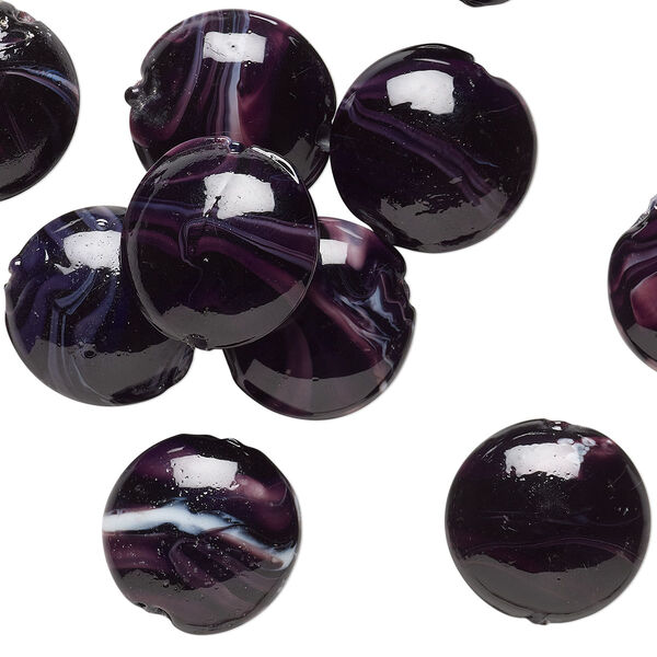 Bead and component mix, lampworked glass, marbled dark purple and opaque white, 27-29mm drilled and undrilled puffed flat round. Sold per pkg of 10. image number 0