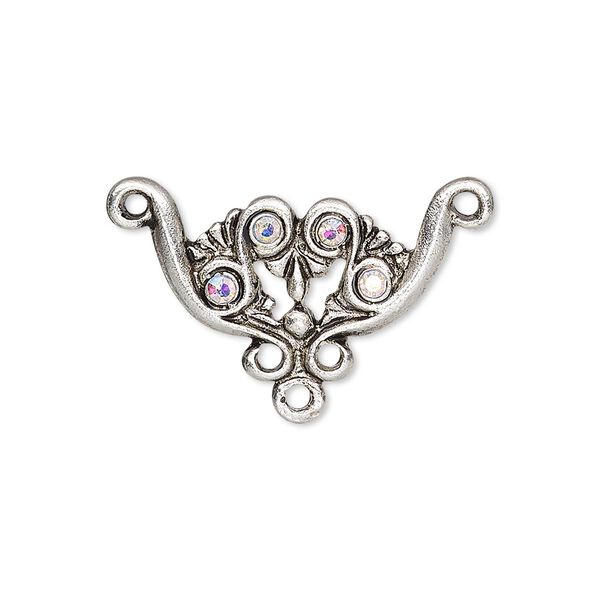 Connector, glass rhinestone and antique silver-finished "pewter" (zinc-based alloy), clear AB, 28x16mm fancy with 3 loops. Sold per pkg of 3. image number 0