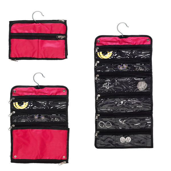 Jewelry roll, polyester / plastic / chrome-finished steel, hot pink and black, 20-1/2x10-1/2 inches, 10-1/2x7-1/2 inches folded with hanger. Sold individually. image number 0