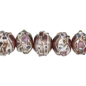 Bead, lampworked glass, transparent pink and multicolored with silver- and gold-colored foil, 13x11mm rondelle with dots and lines. Sold per pkg of 30.