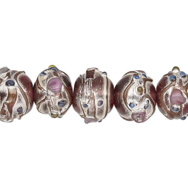 Bead, lampworked glass, transparent pink and multicolored with silver- and gold-colored foil, 13x11mm rondelle with dots and lines. Sold per pkg of 30. image number 0