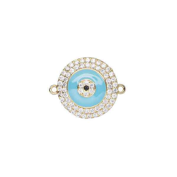 Link, gold-finished brass / cubic zirconia / enamel, clear and blue, 15mm single-sided round. Sold individually. image number 0