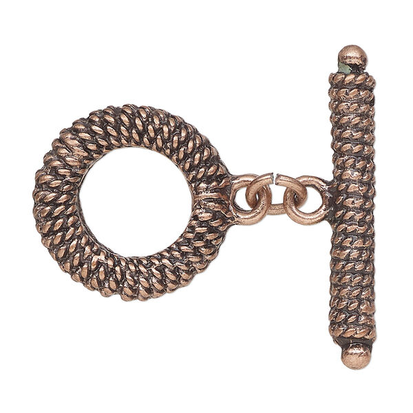Clasp, toggle, antique copper-finished "pewter" (zinc-based alloy), 21mm textured round. Sold individually. image number 0
