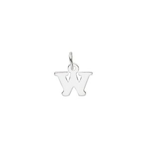 Charm, sterling silver, 10x7mm block alphabet letter "W." Sold individually.
