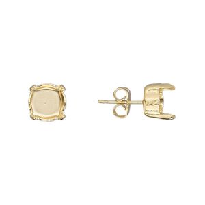 Earstud 1pkg4 gold-plated, 8mm / SS39 rivoli or chaton 4-prong setting / earnuts, brass / steel 2 pair