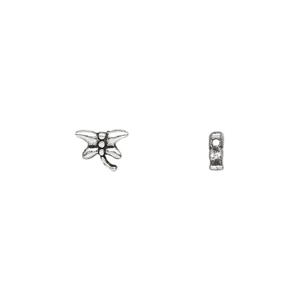 Bead, antique silver-plated "pewter" (zinc-based alloy), 8x6mm double-sided dragonfly. Sold per pkg of 100. image number 0