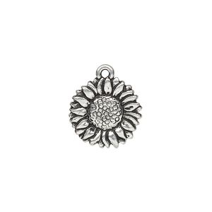 Charm, TierraCast®, antique silver-plated pewter (tin-based alloy), 15mm double-sided sunflower. Sold per pkg of 2.