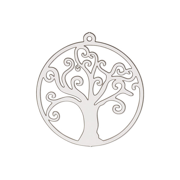Drop, Lazer Lace™, stainless steel, 26mm double-sided open round with tree of life. Sold per pkg of 4. image number 0