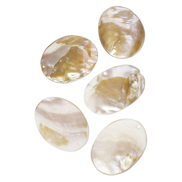 Focal mix, mother-of-pearl shell and blister pearl shell (bleached), 54x35mm-61x45mm oval, Mohs hardness 3-1/2. Sold per pkg of 5. image number 0