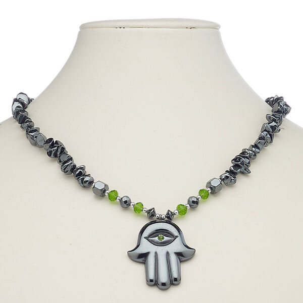 Necklace, Hemalyke™ (manmade) / glass / glass rhinestone / silver-plated steel / brass, green, 40x35mm Fatima hand, 18 inches with barrel clasp. Sold individually. image number 0