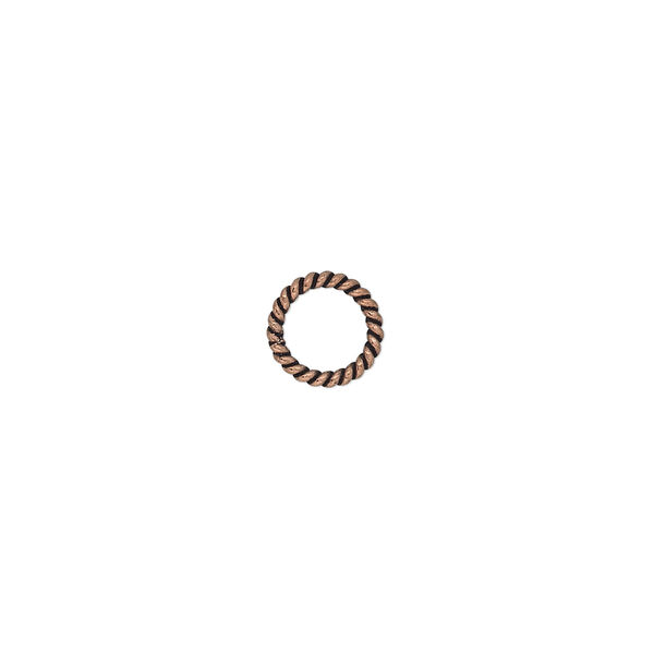 Jump ring, antique copper-plated copper, 8mm soldered round with rope design, 5.4mm inside diameter, 16 gauge. Sold per pkg of 60. image number 0