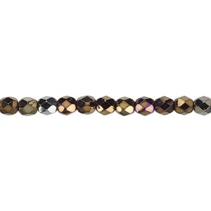 Bead, Czech fire-polished glass, opaque iris brown, 4mm faceted round. Sold per 15-1/2" to 16" strand.