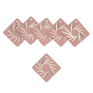Drop, brass, pink, 28x28mm diamond-cut diamond. Sold per pkg of 6.