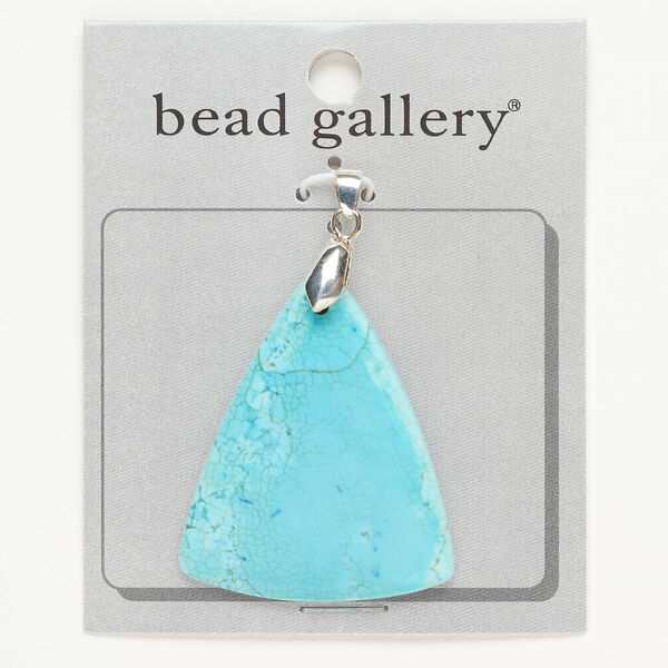 Pendant, "pewter" (zinc-based alloy) and magnesite (dyed), turquoise blue, 50x39mm triangle, Mohs hardness 3 to 3-1/2. Sold individually. image number 0