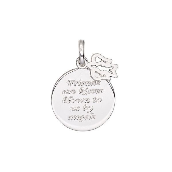 Drop, sterling silver, 8x7mm open angel and 16mm single-sided round with "Friends are kisses blown to us by angels." Sold individually. image number 0