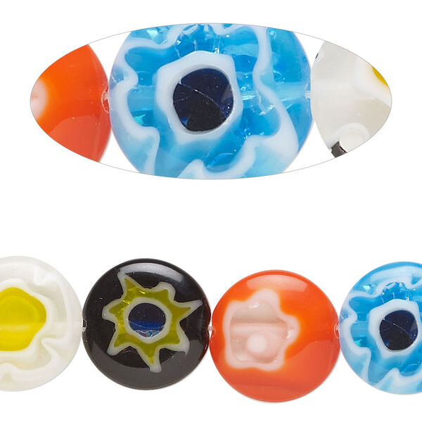 Bead, millefiori glass, opaque and translucent multicolored, 13-14mm puffed flat round. Sold per 14-inch strand. image number 0