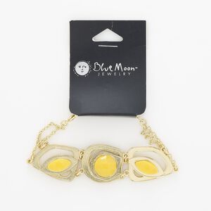 Bracelet, gold-finished "pewter" (zinc-based alloy) / steel / acrylic, yellow, 26mm wide, 6 inches with 2-inch extender chain and lobster claw clasp. Sold individually.