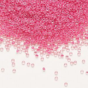 Seed bead, Miyuki, glass, pkg/250g, #15 rocaille, translucent carnation pink-lined luster crystal clear (RR-208).